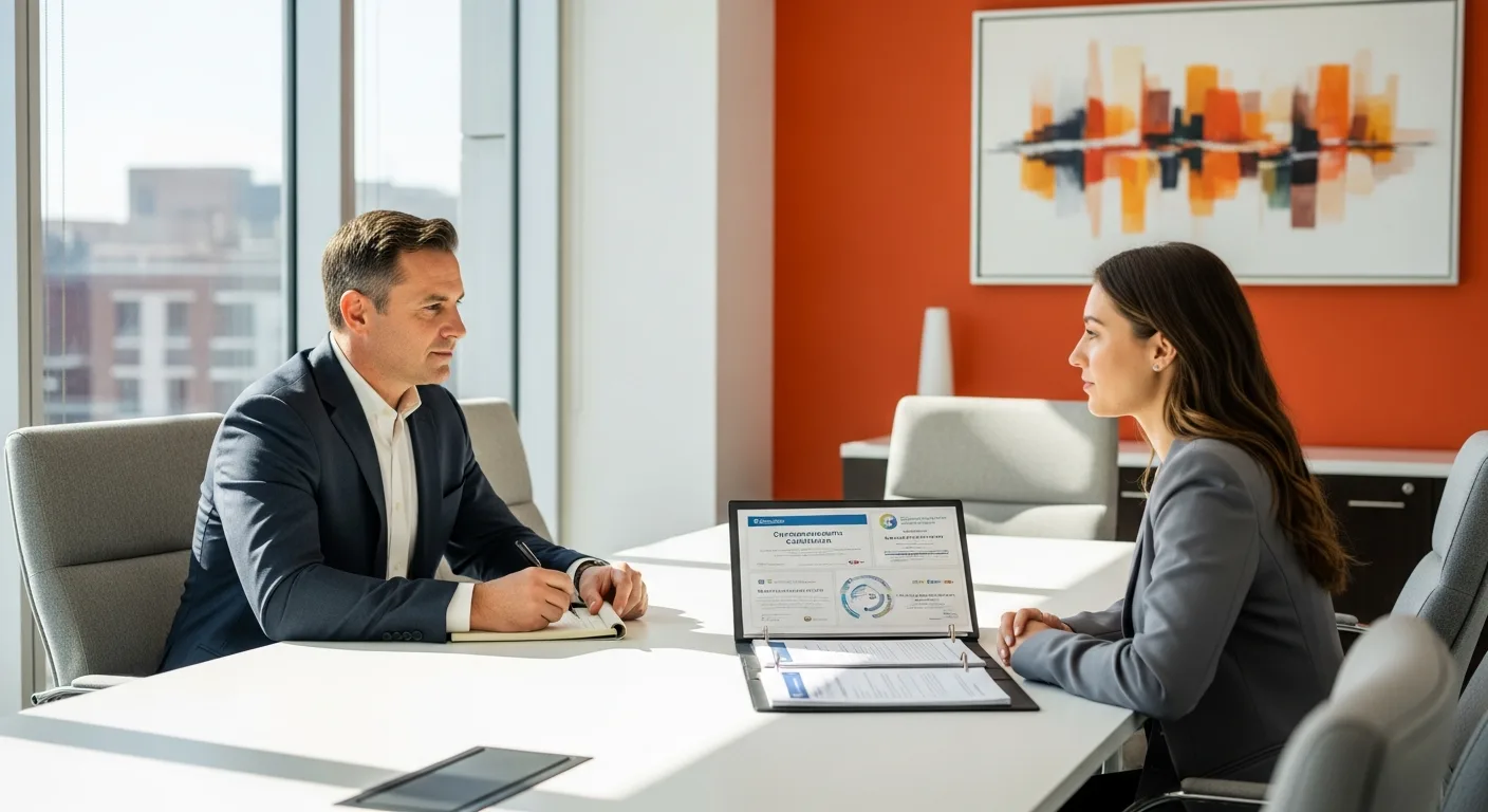 Hiring manager interviewing a cybersecurity analyst candidate in a professional office setting