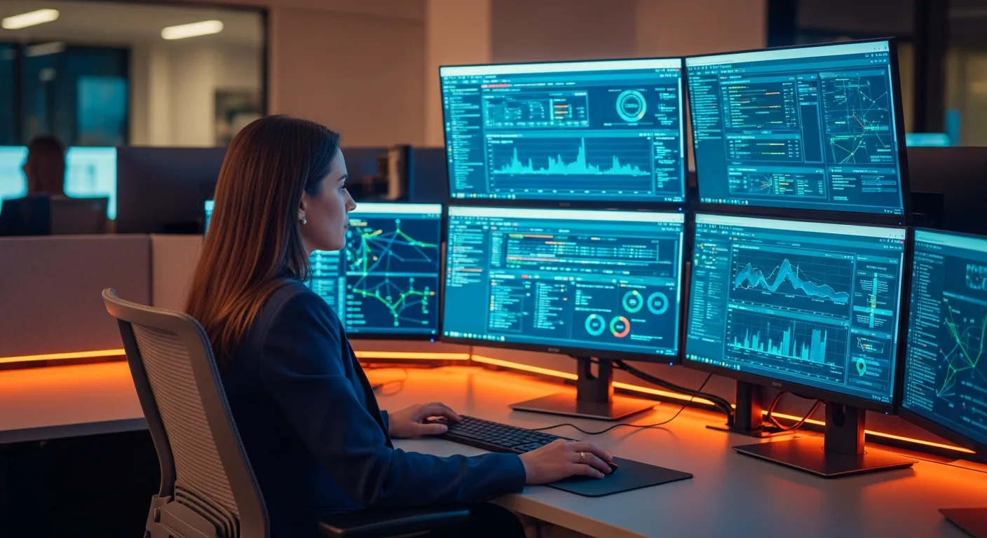 Information security analyst monitoring SIEM dashboards and security alerts in a modern security operations center