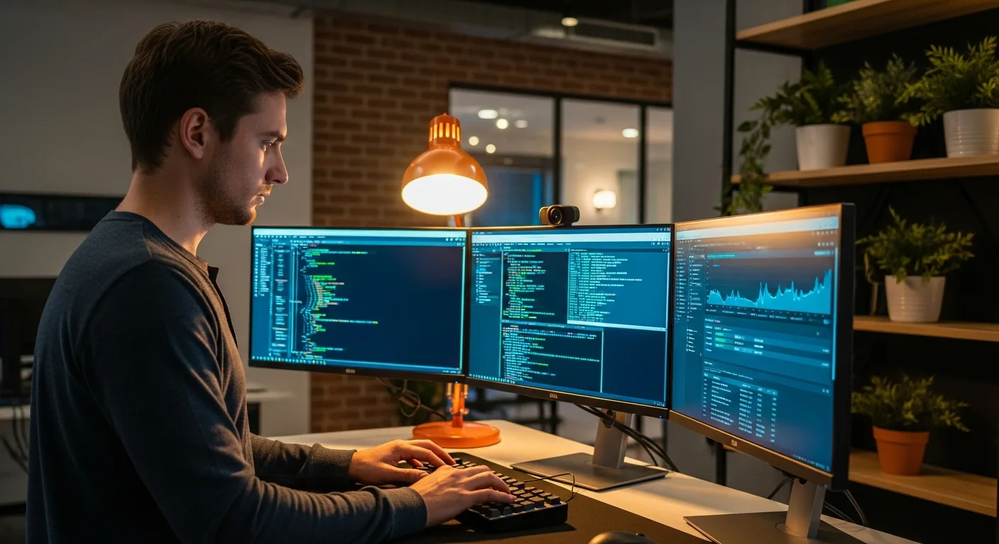 Cybersecurity professional performing vulnerability scanning at a multi-monitor workstation