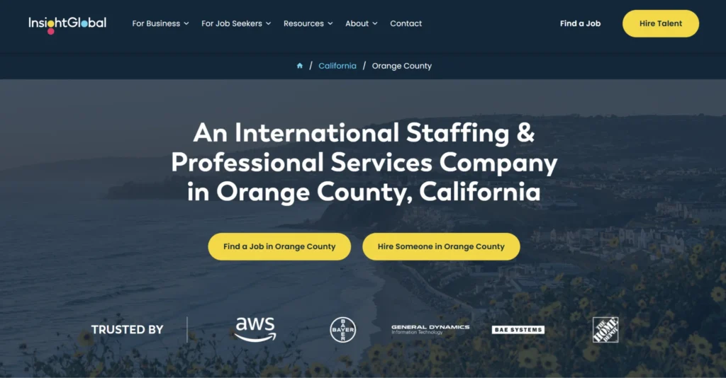Insight Global staffing and professional services company homepage showing enterprise hiring capabilities in Orange County California