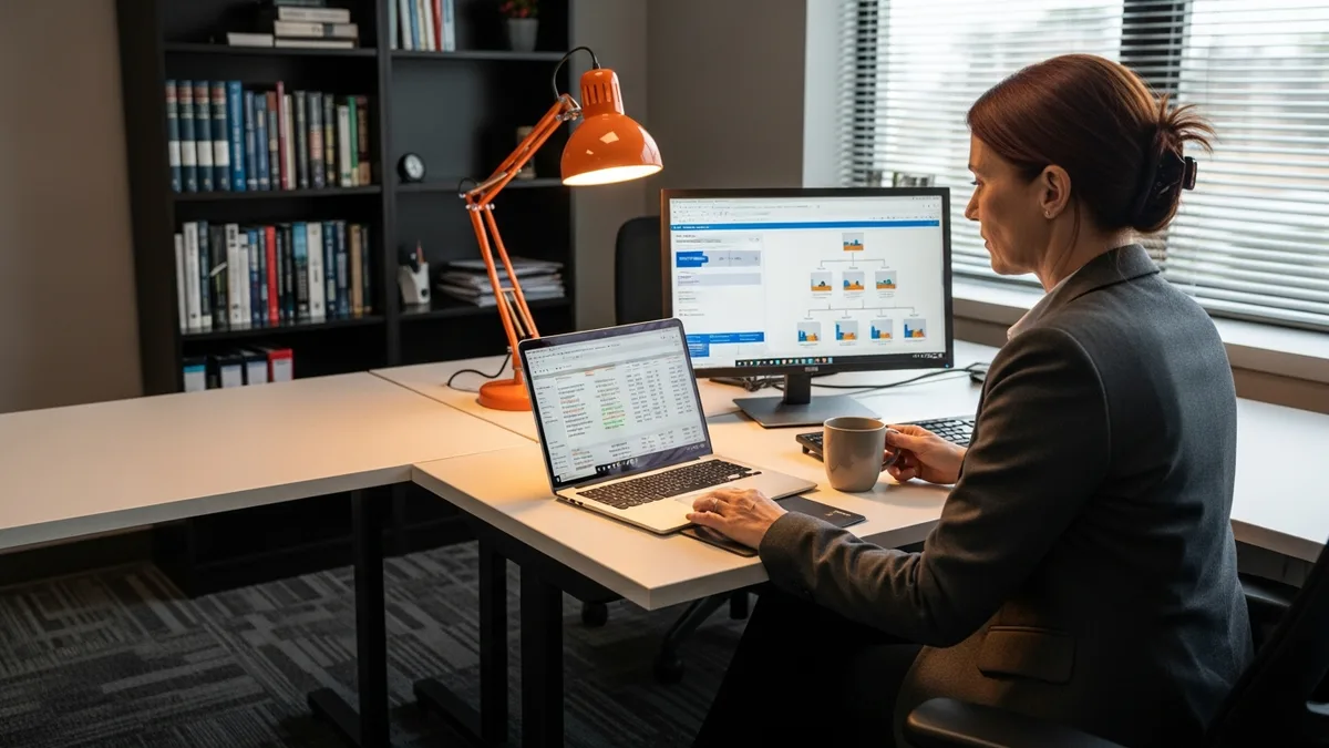 Senior IT professional reviewing compensation data and organizational charts on laptop for IT director salary analysis