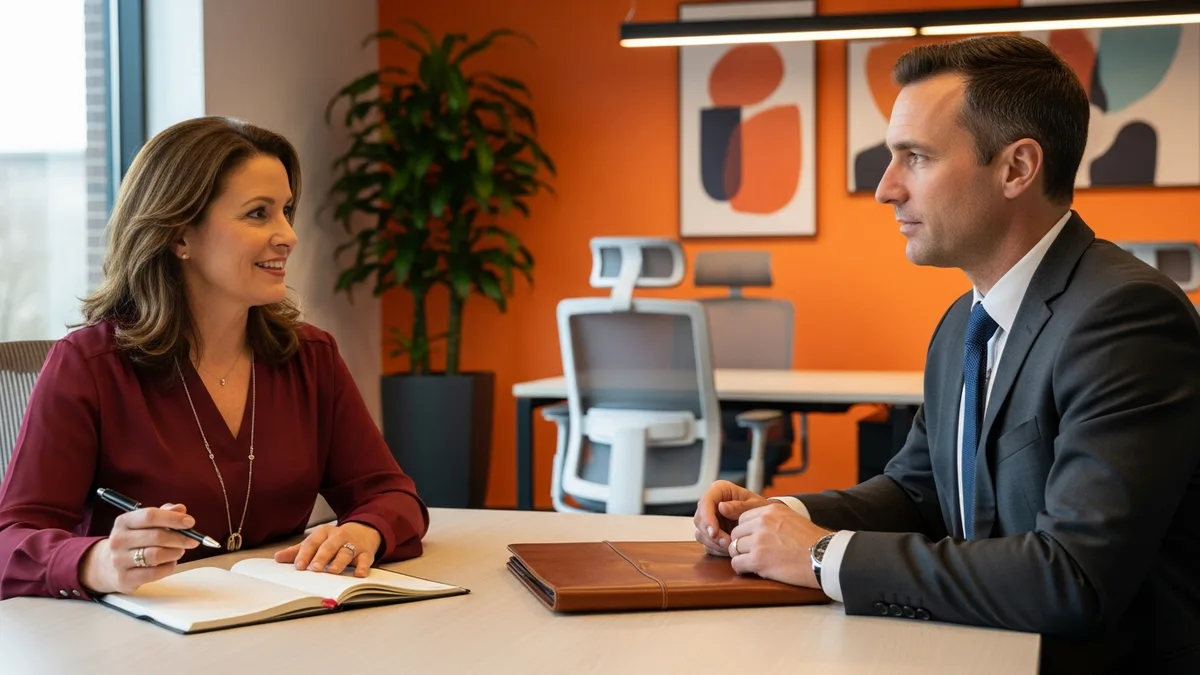 Hiring manager interviewing IT director candidate discussing salary expectations and compensation in modern office