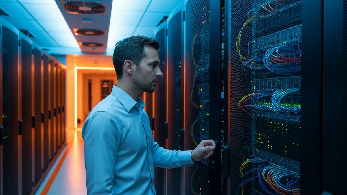 IT director inspecting rack-mounted servers in enterprise data center with blue LED status lights