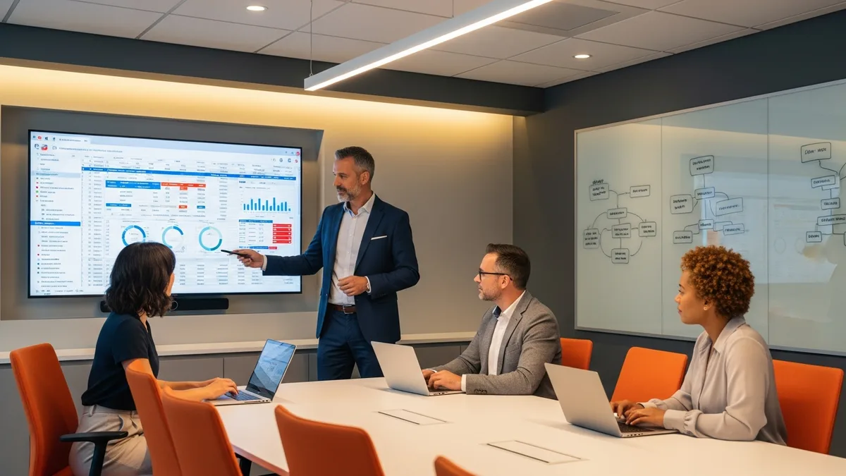 IT director presenting salary data and compensation benchmarks to hiring team in conference room