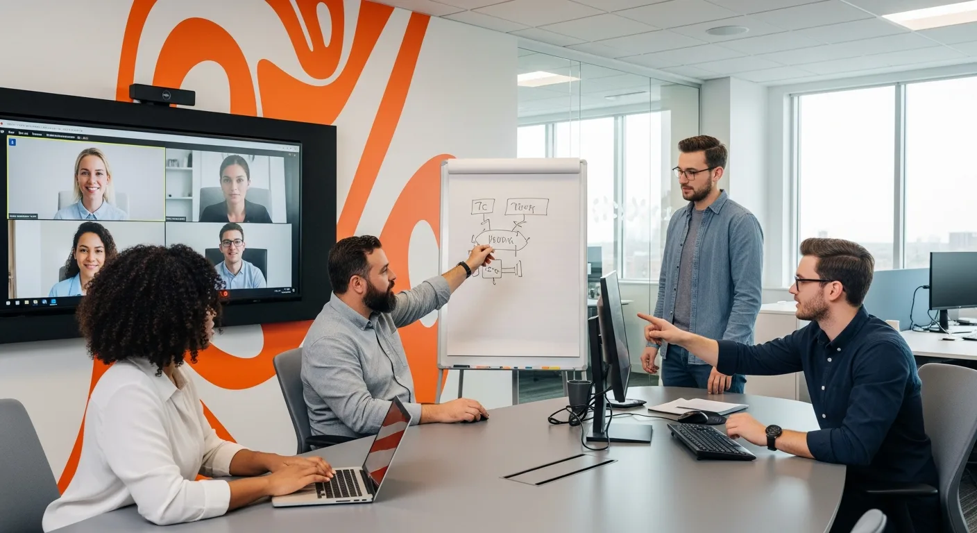 Hybrid IT team with local staff and outsourced remote members collaborating in modern office