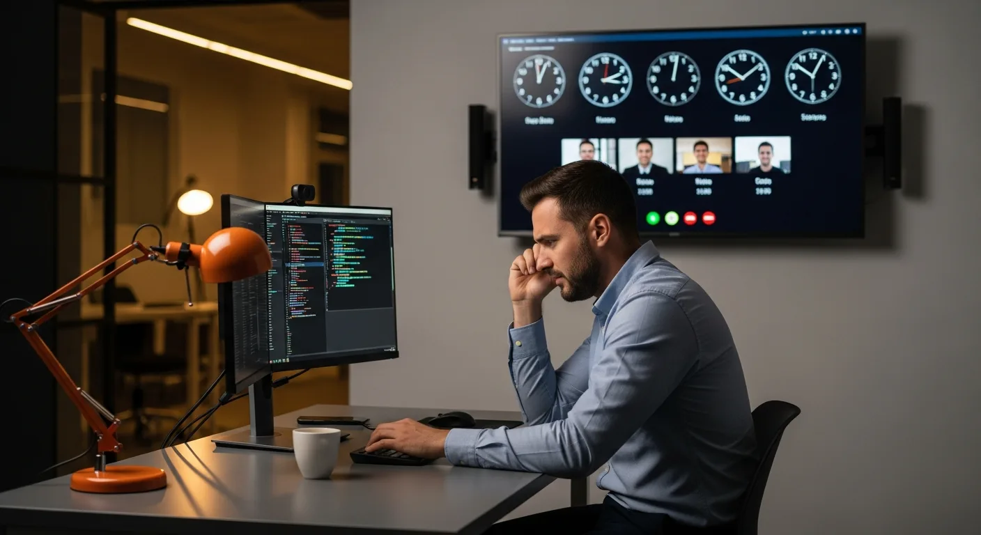 VP of Engineering managing offshore outsourced IT team on late-evening video call