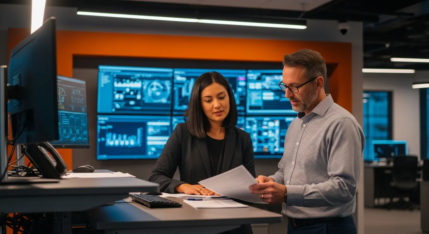 Cybersecurity analyst and compliance officer reviewing IT outsourcing vendor security audit