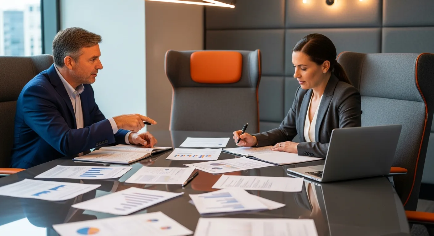 Business leaders reviewing IT outsourcing vendor proposals in executive boardroom