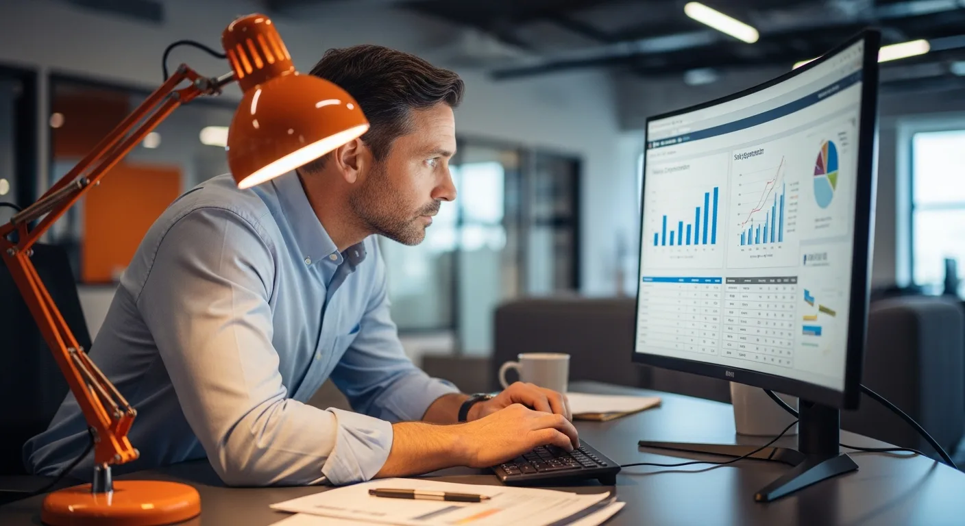 IT professional reviewing salary compensation data and benchmark charts on a large monitor at a modern workstation