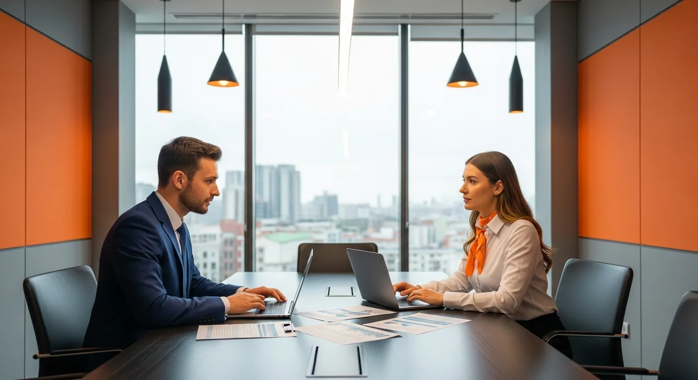 Hiring manager and recruiter discussing IT project manager compensation across a conference table