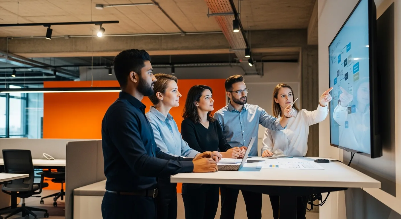 Technology team reviewing project roadmap on a wall-mounted screen in a modern tech office
