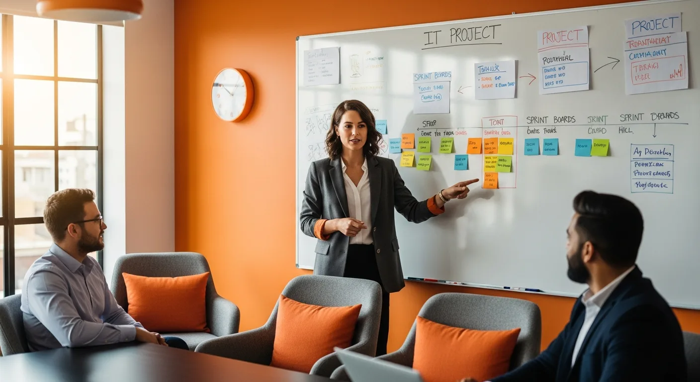 IT project manager leading a standup meeting at a whiteboard with project timelines in a modern corporate office