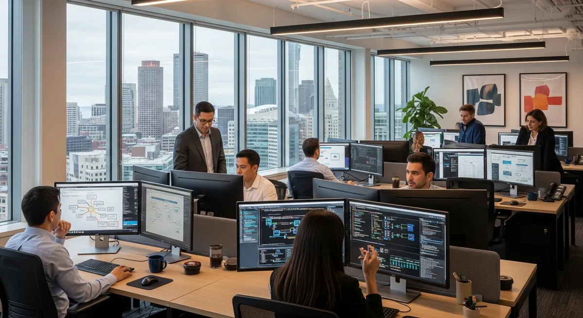 IT staffing professionals working in a modern Boston office with city skyline view