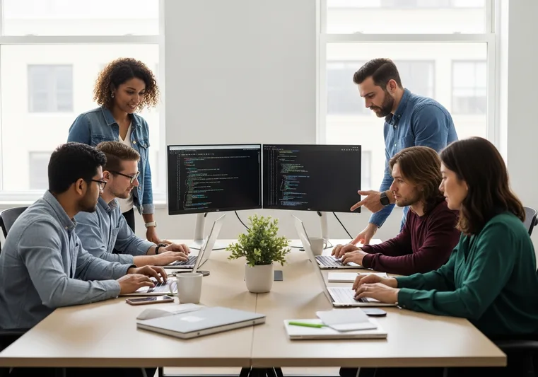 IT professionals collaborating on a project in a Boston technology office