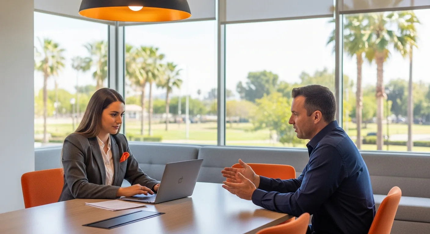 IT staffing agency recruiter meeting with hiring manager in modern Orange County California office