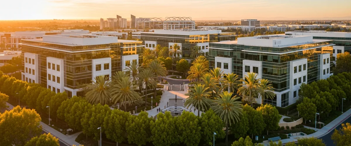 Orange County California corporate office park at golden hour representing the IT staffing market