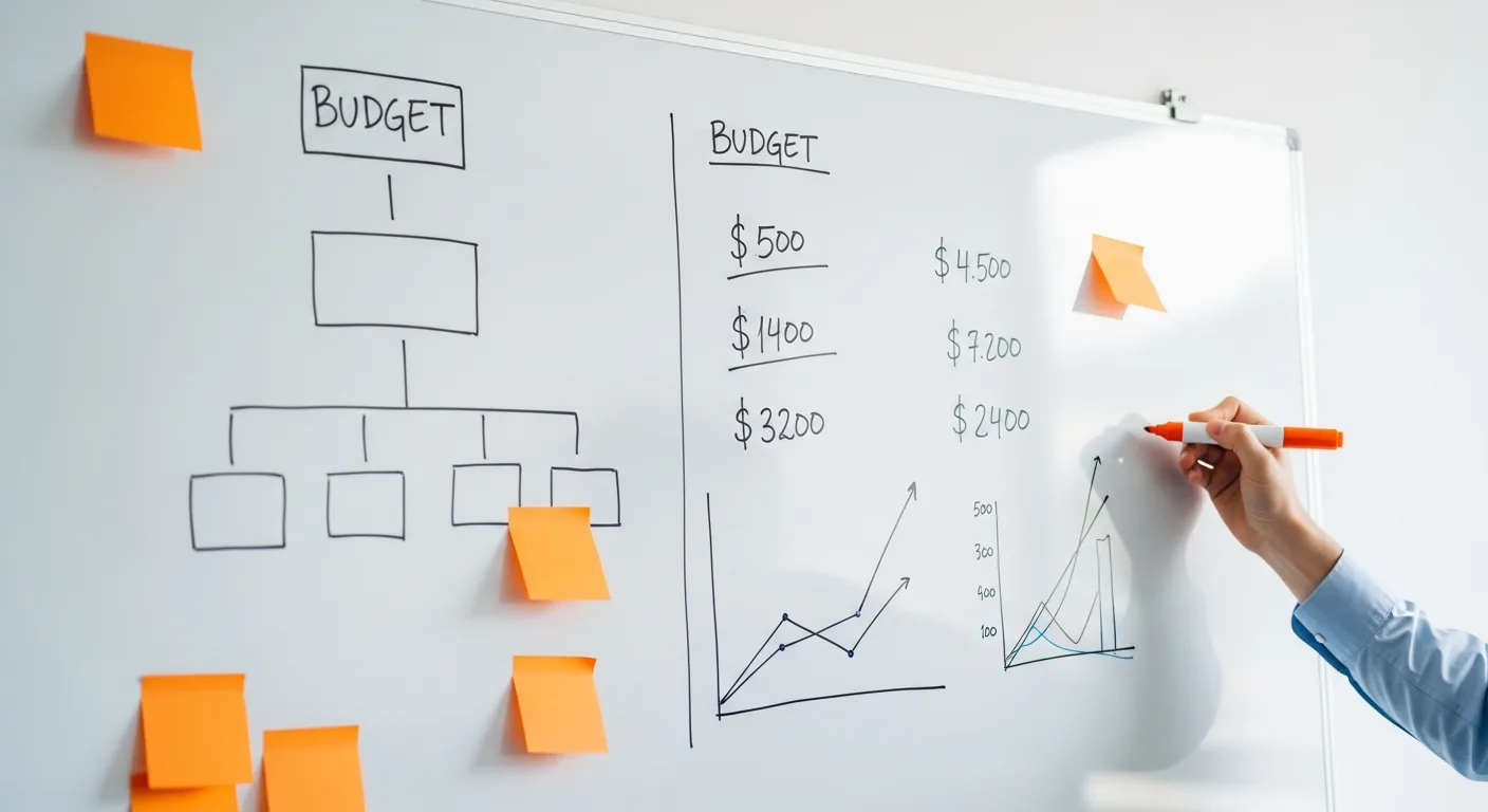 Whiteboard with hiring budget and organizational chart in a startup office with orange sticky notes