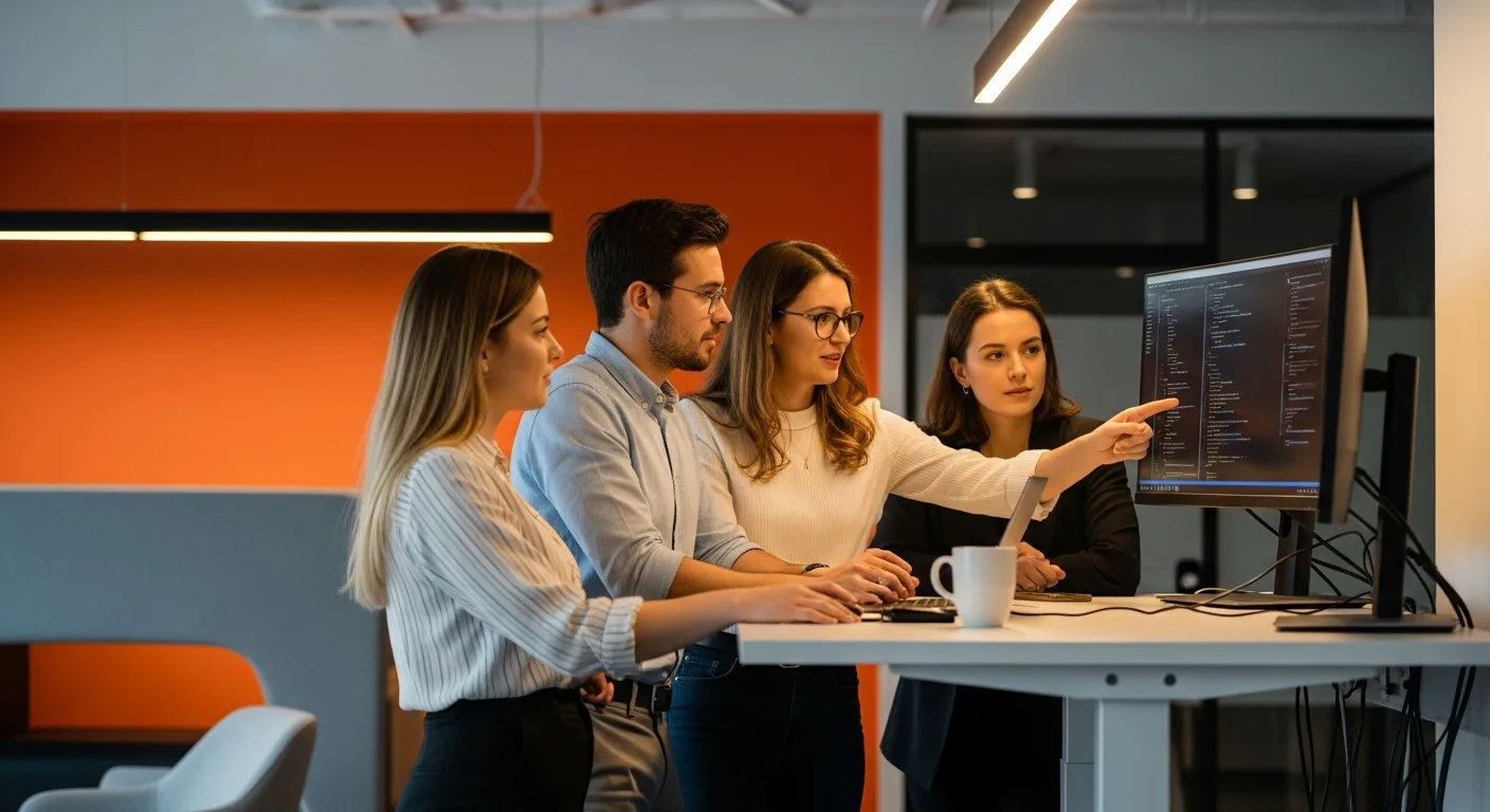 Startup tech team collaborating around a standing desk reviewing code in a modern office with orange accents