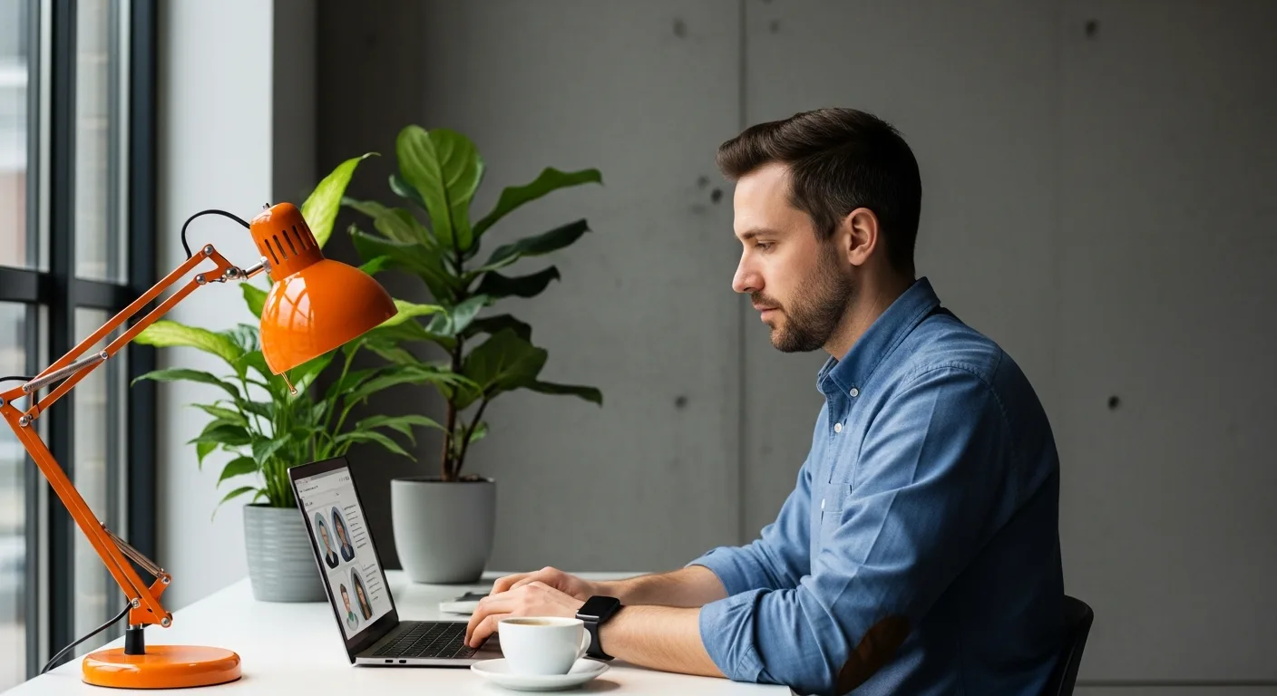 Startup founder reviewing IT candidate profiles on a laptop at a minimal desk with orange desk lamp