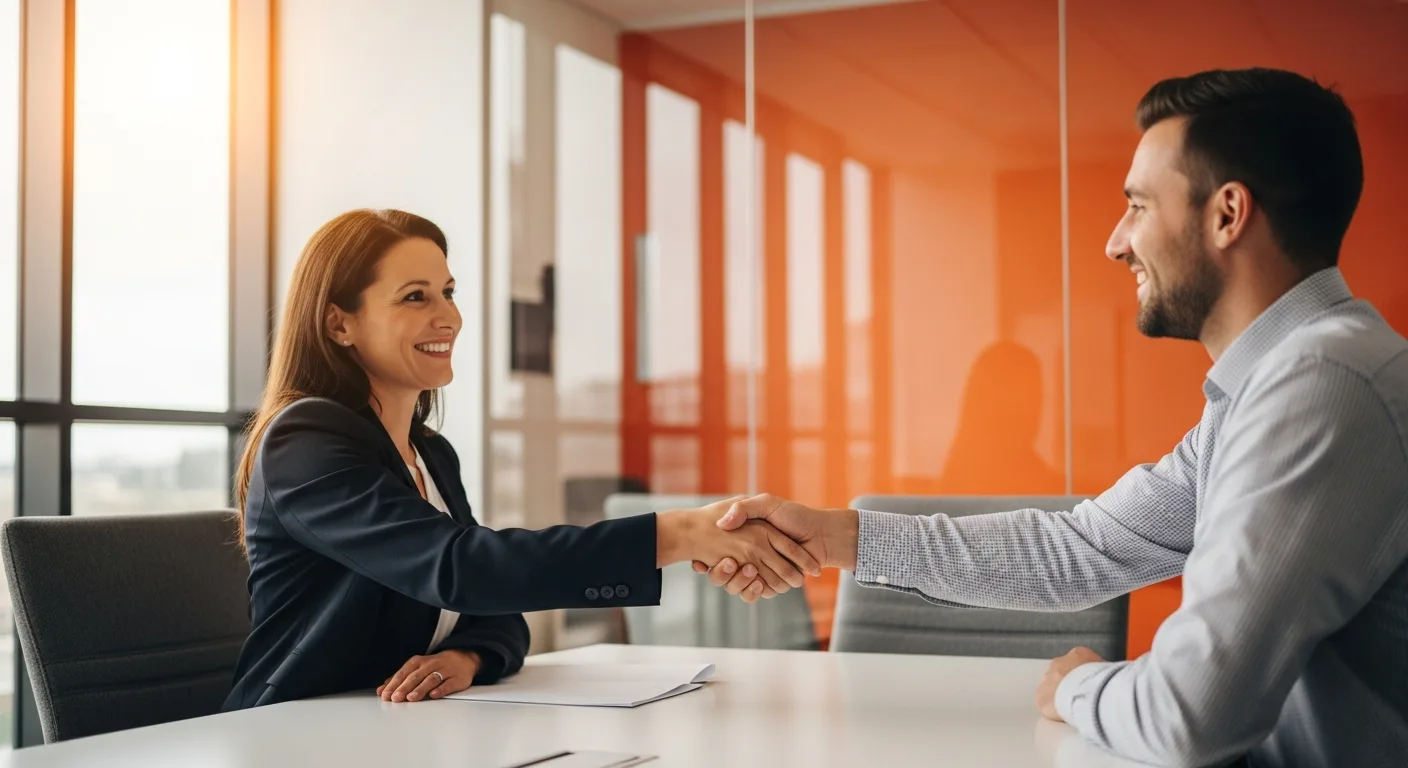 IT staffing recruiter and startup CEO shaking hands in a modern glass conference room with orange accent wall
