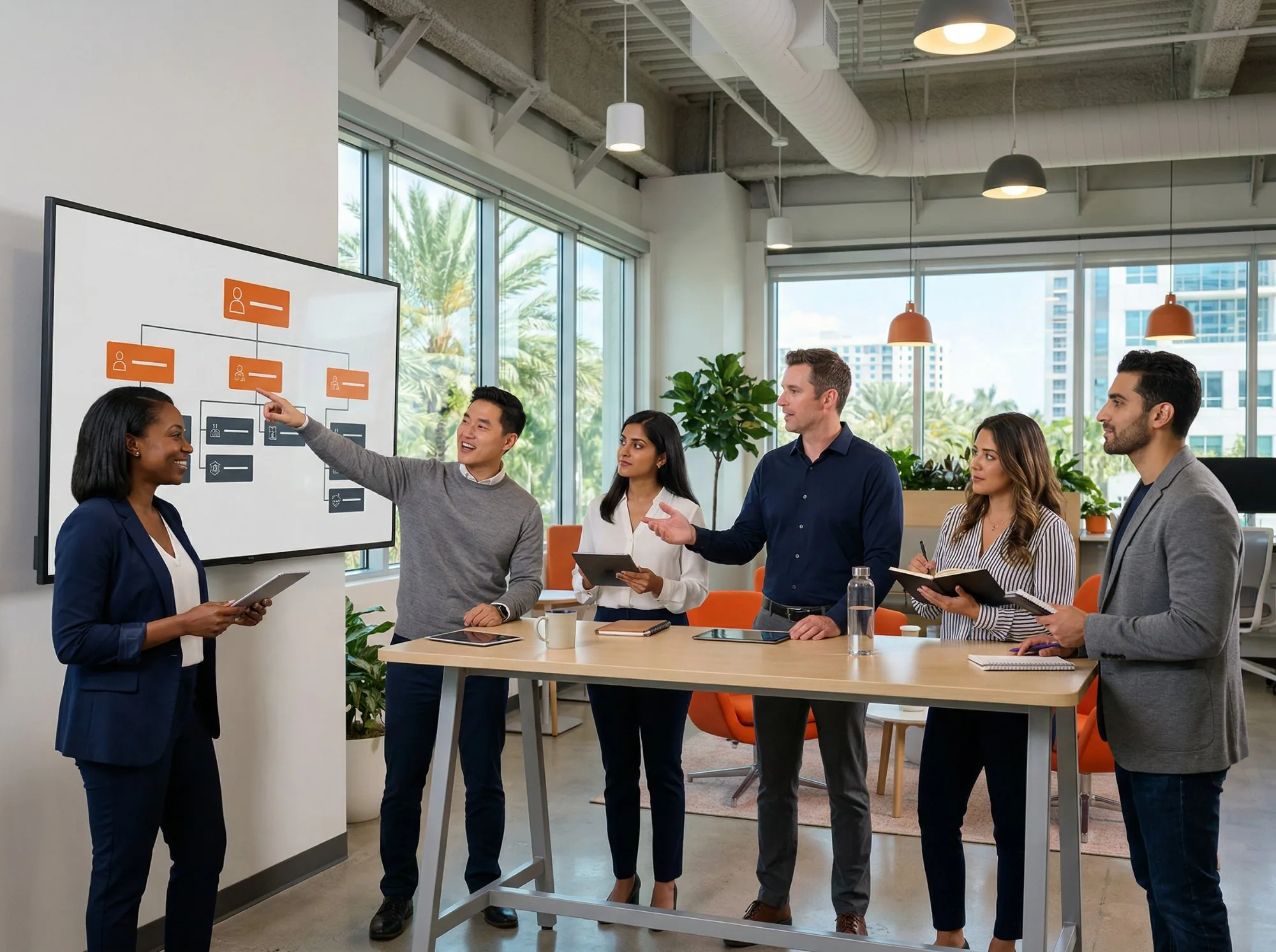 Diverse professional recruiting team of six collaborating around a standing table in a bright modern office with palm trees visible through floor-to-ceiling windows