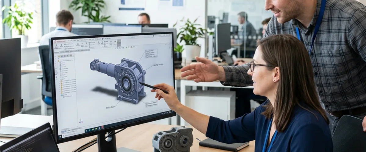 Mechanical engineering staffing team reviewing product designs