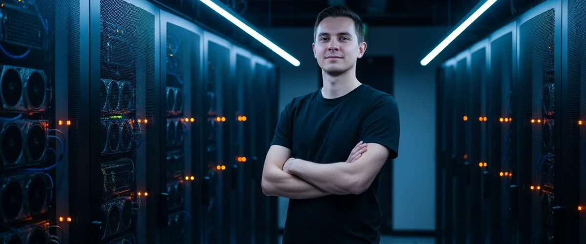 Machine learning engineer standing in a modern server room with GPU compute racks