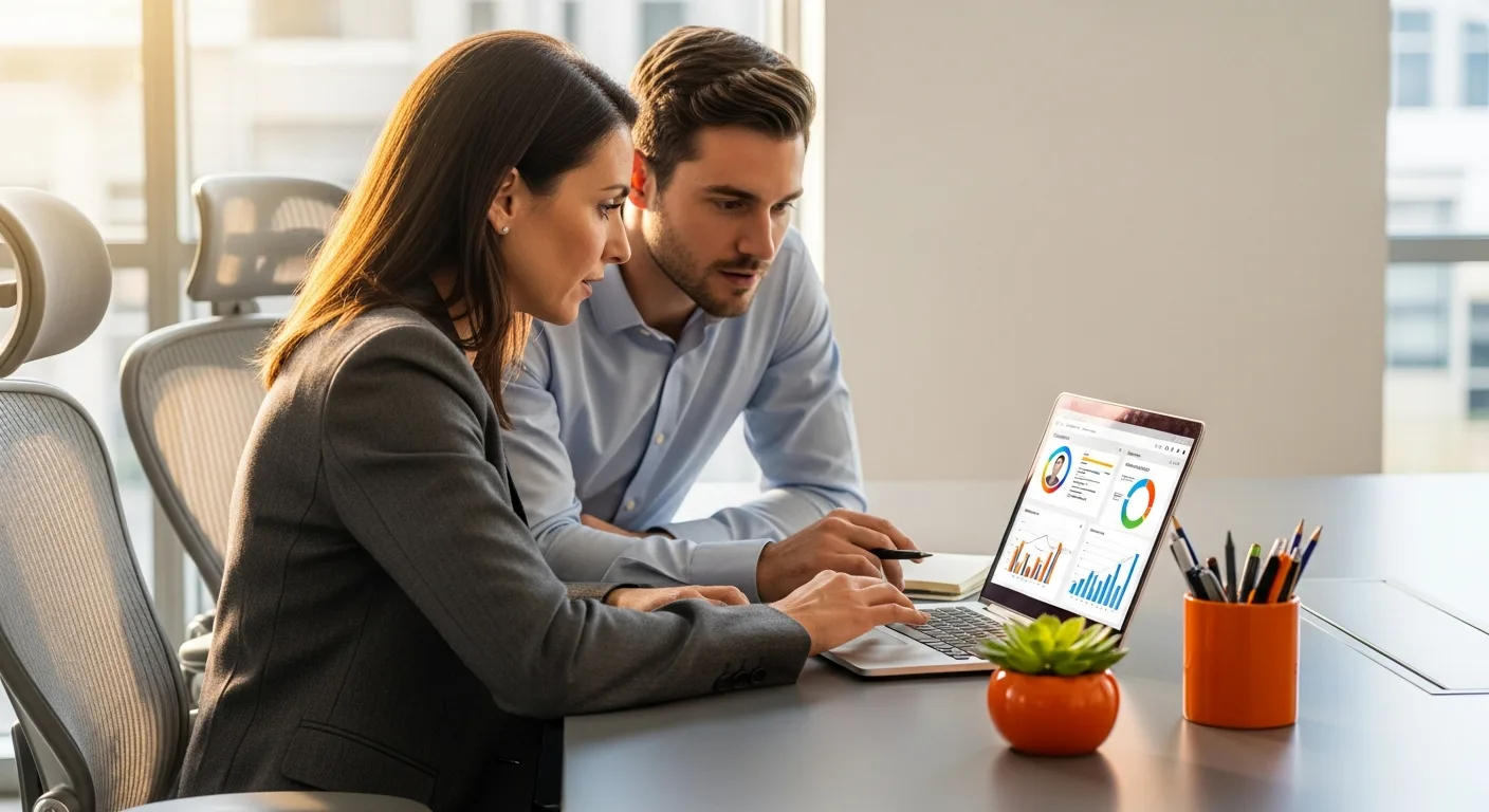 Hiring manager and recruiter reviewing machine learning engineer candidate profiles on a laptop