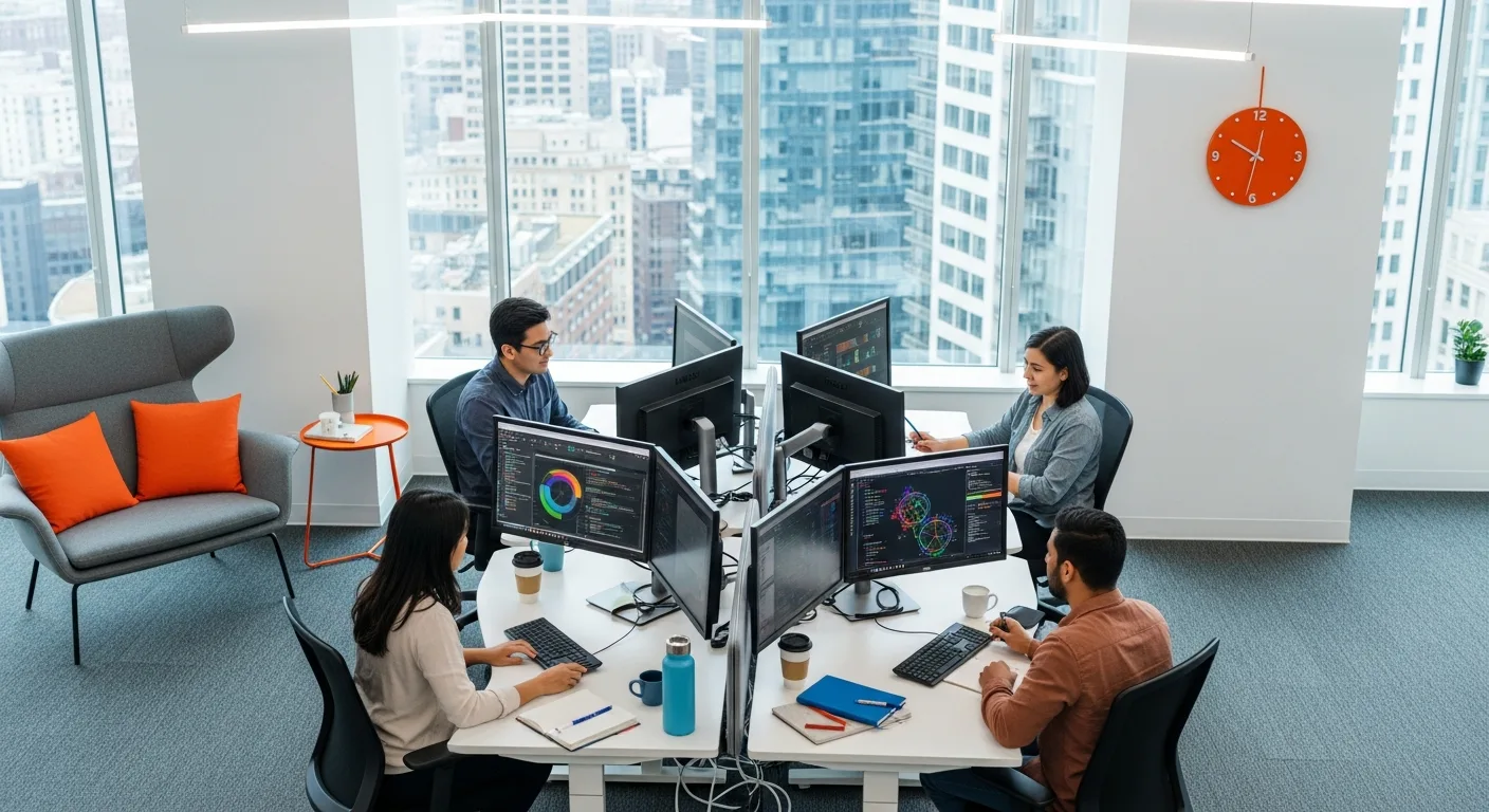 Data science and ML engineering team collaborating at shared workstations in a modern tech office