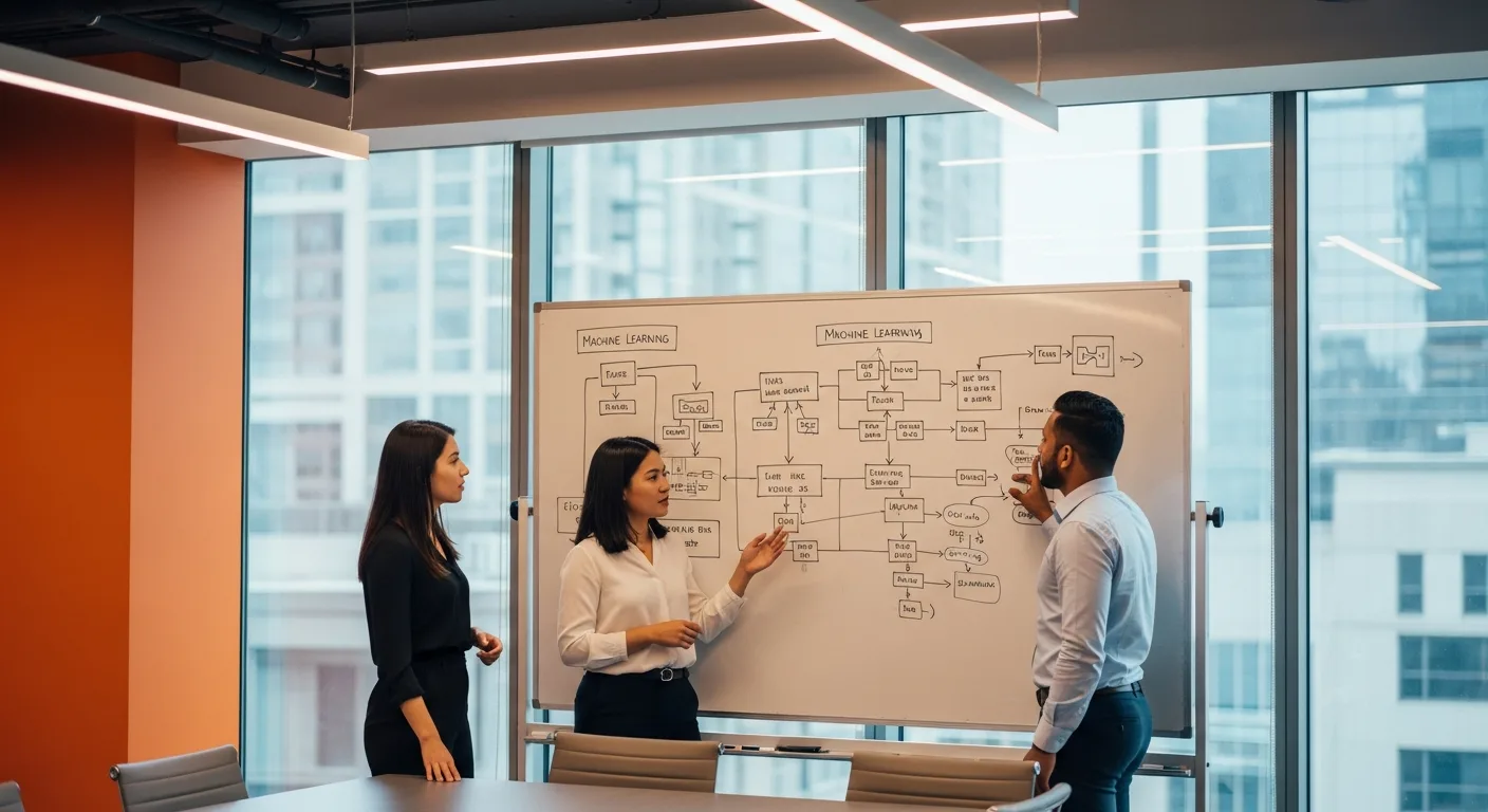 ML engineering team discussing machine learning pipeline architecture at a whiteboard in a conference room