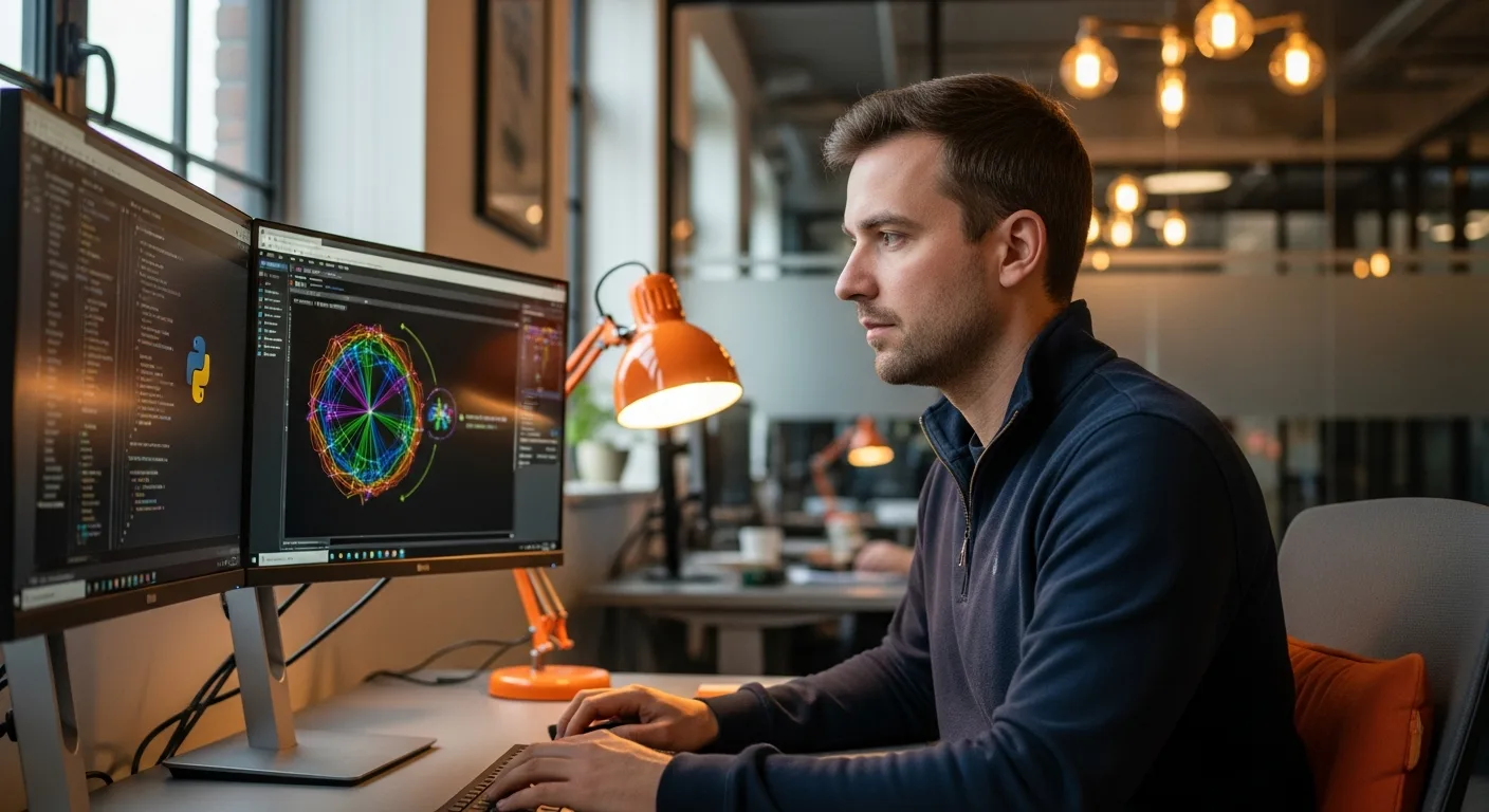 Machine learning engineer analyzing Python code and neural network visualizations at a dual-monitor workstation