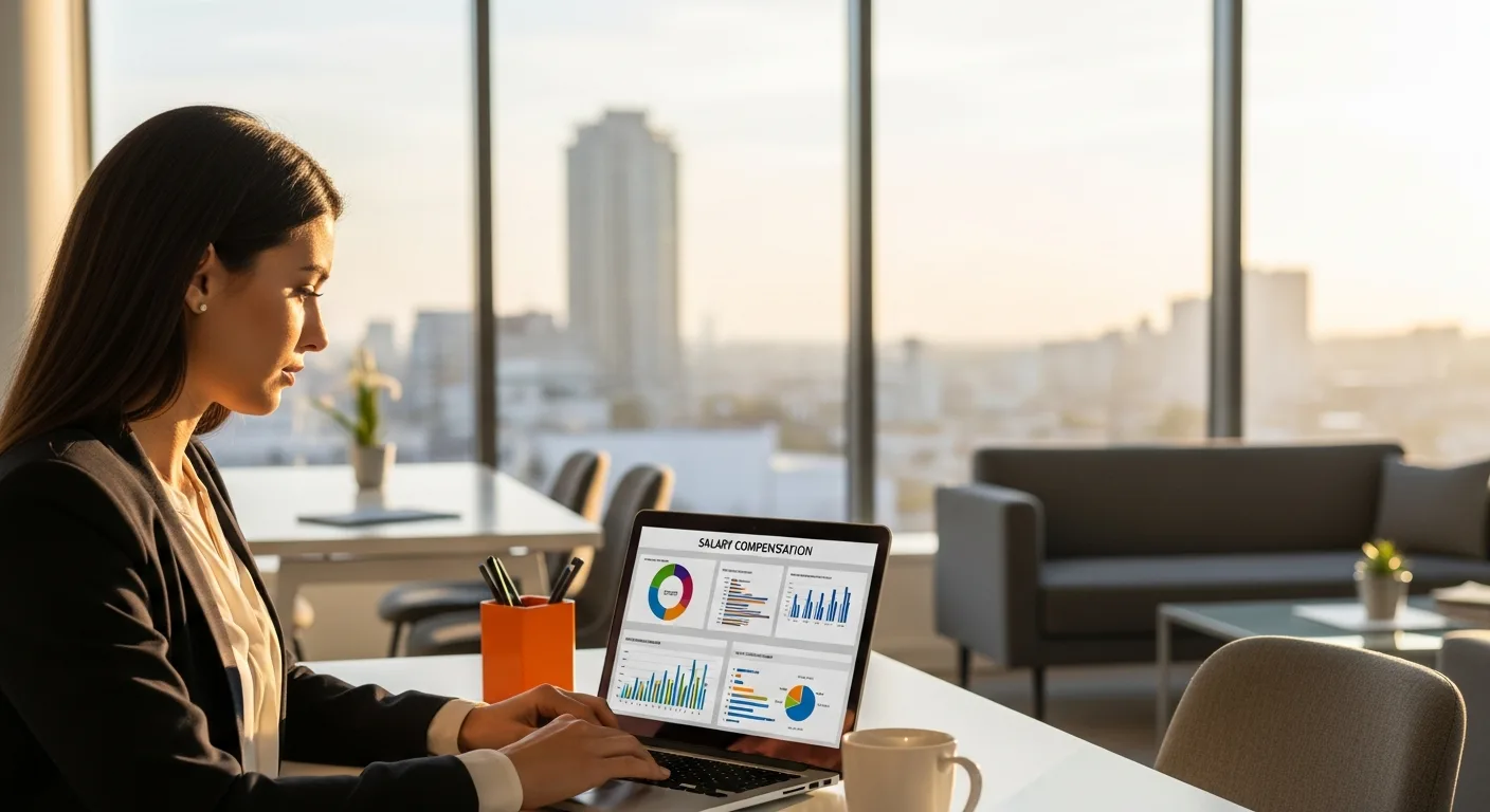 Business professional reviewing MLOps engineer salary and compensation data on laptop