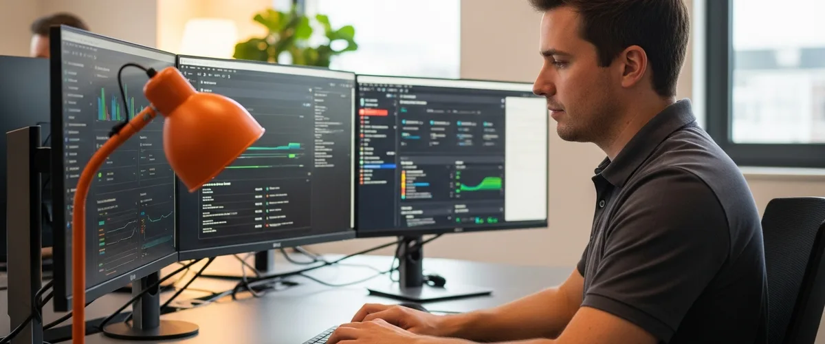 MLOps engineer at workstation monitoring ML pipeline dashboards and Kubernetes cluster performance
