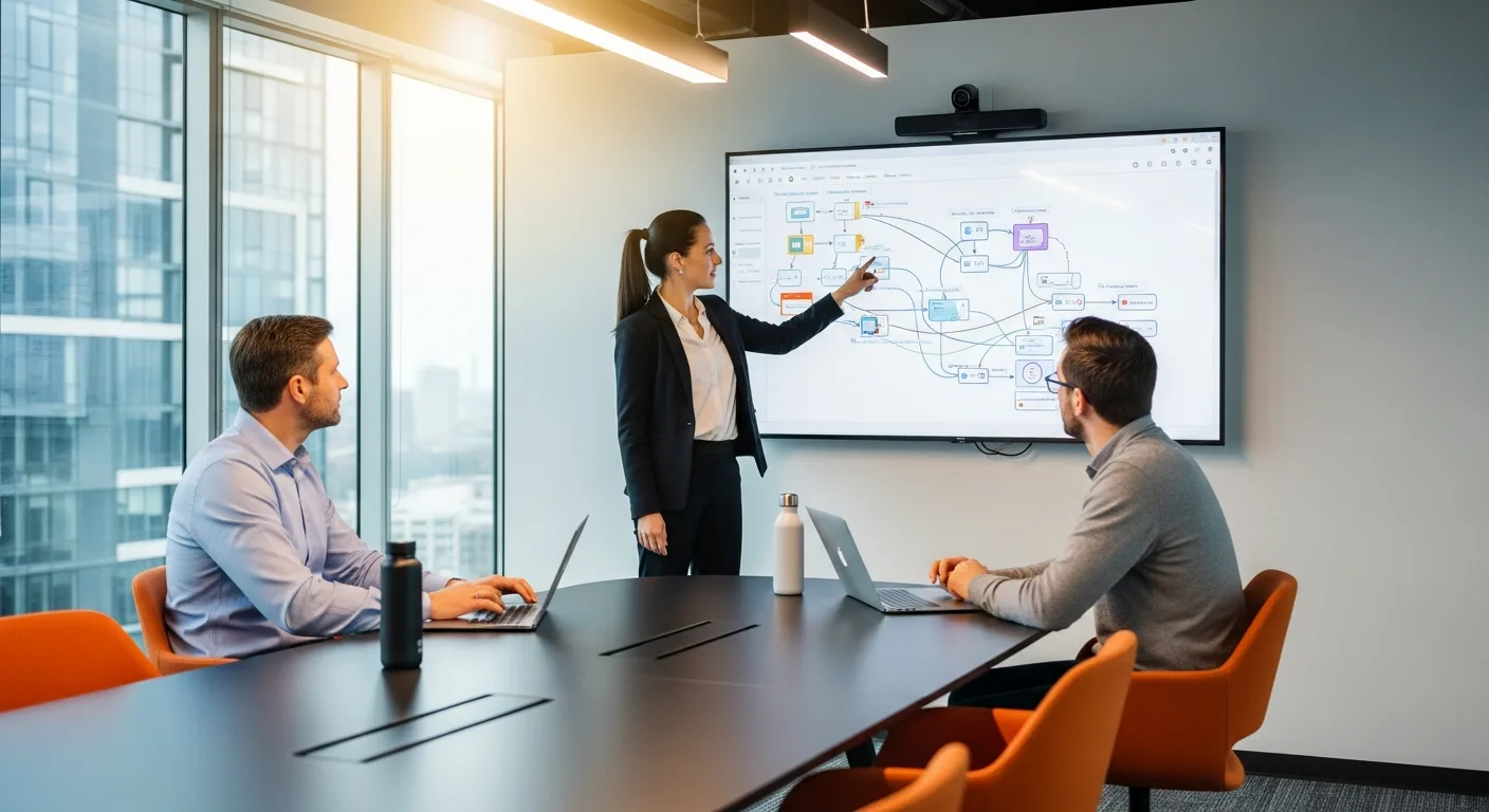 Engineering team reviewing machine learning pipeline architecture on large display in modern tech office