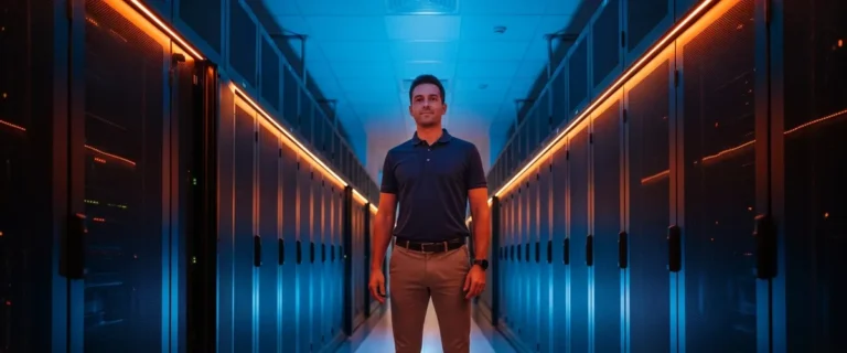 Network engineer salary guide 2026 data center corridor with server racks and professional lighting