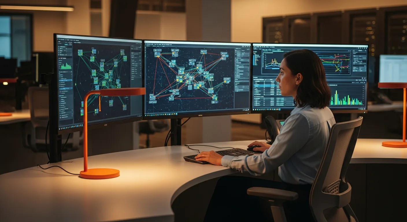 Network engineer monitoring network topology dashboards and traffic alerts in a modern operations center with multiple screens