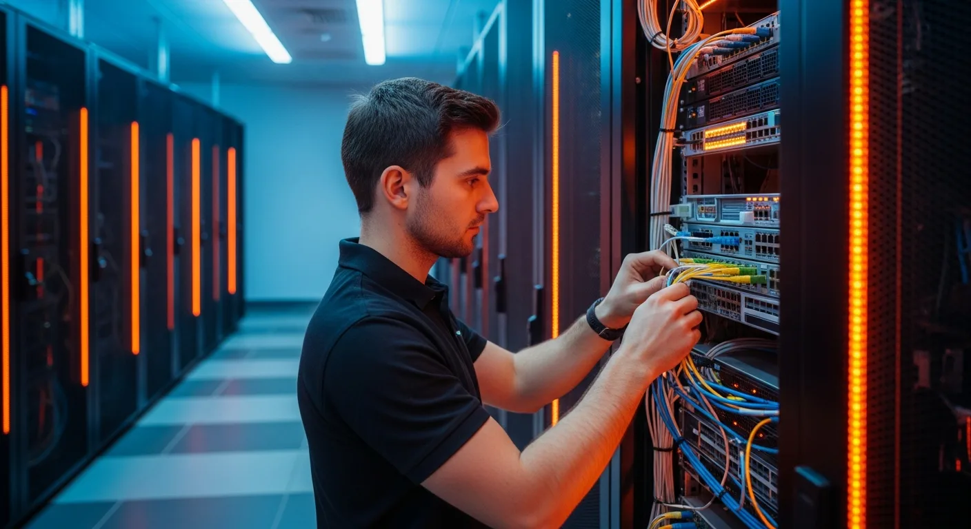 Network engineer configuring switches and fiber optic cables at a server rack in a modern data center with orange LED lighting
