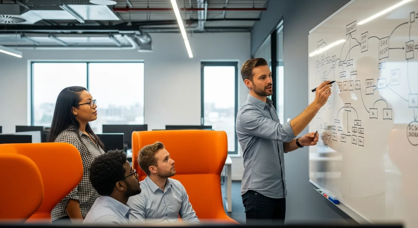 Senior network architect leading team discussion at whiteboard with network architecture diagram in modern tech office