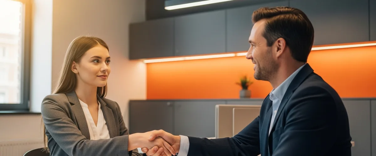 New graduate shaking hands with hiring manager during job interview at a modern office with orange accent decor
