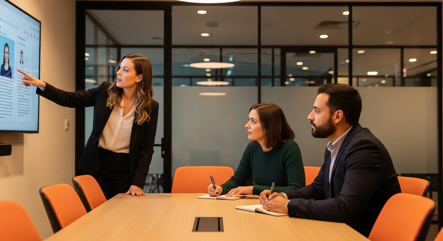 Hiring team reviewing entry-level candidate talent pipeline on conference room display