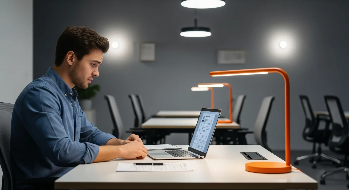 Recent college graduate reviewing resume at desk in challenging 2026 entry-level job market