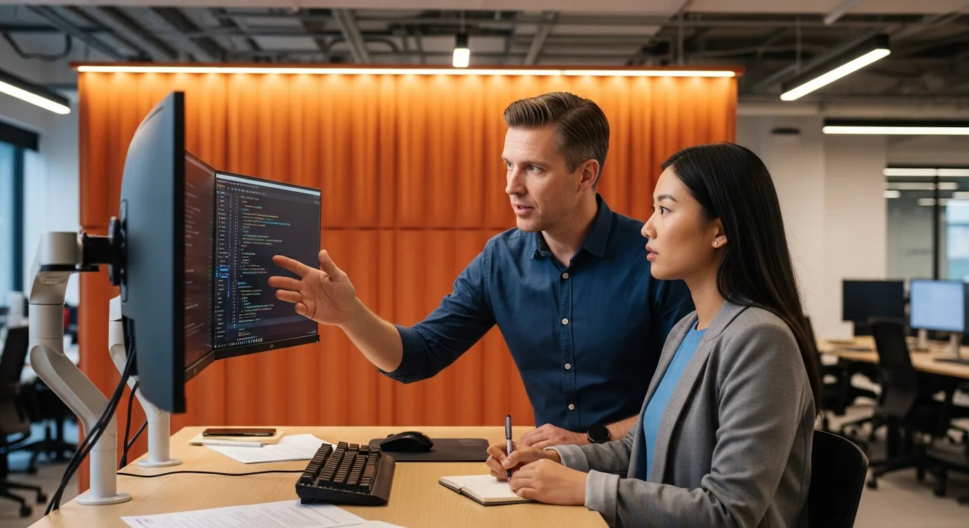 Senior engineer mentoring new graduate developer at shared workstation during onboarding