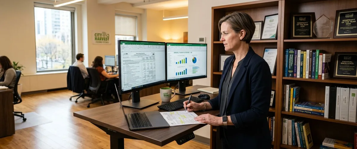 Nonprofit executive director reviewing Form 990 financial documents at modern nonprofit office