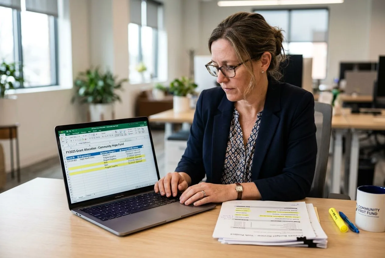 Nonprofit finance director reviewing grant allocation spreadsheets on laptop with budget documents on desk