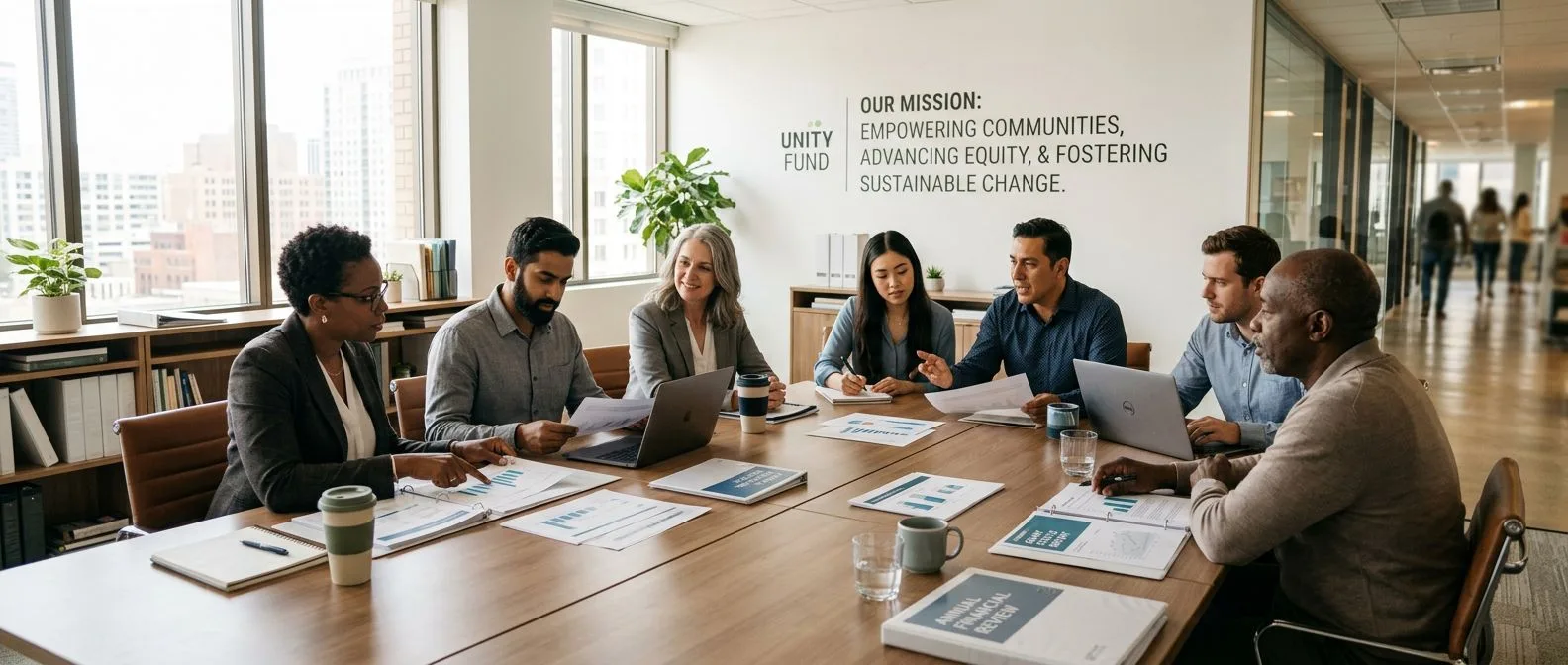 Nonprofit organization team meeting reviewing grant allocation documents and payroll reports at conference table