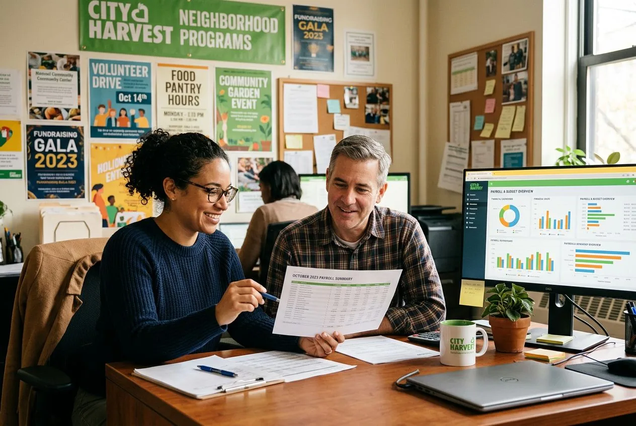 Small nonprofit team reviewing payroll documents together at community center office