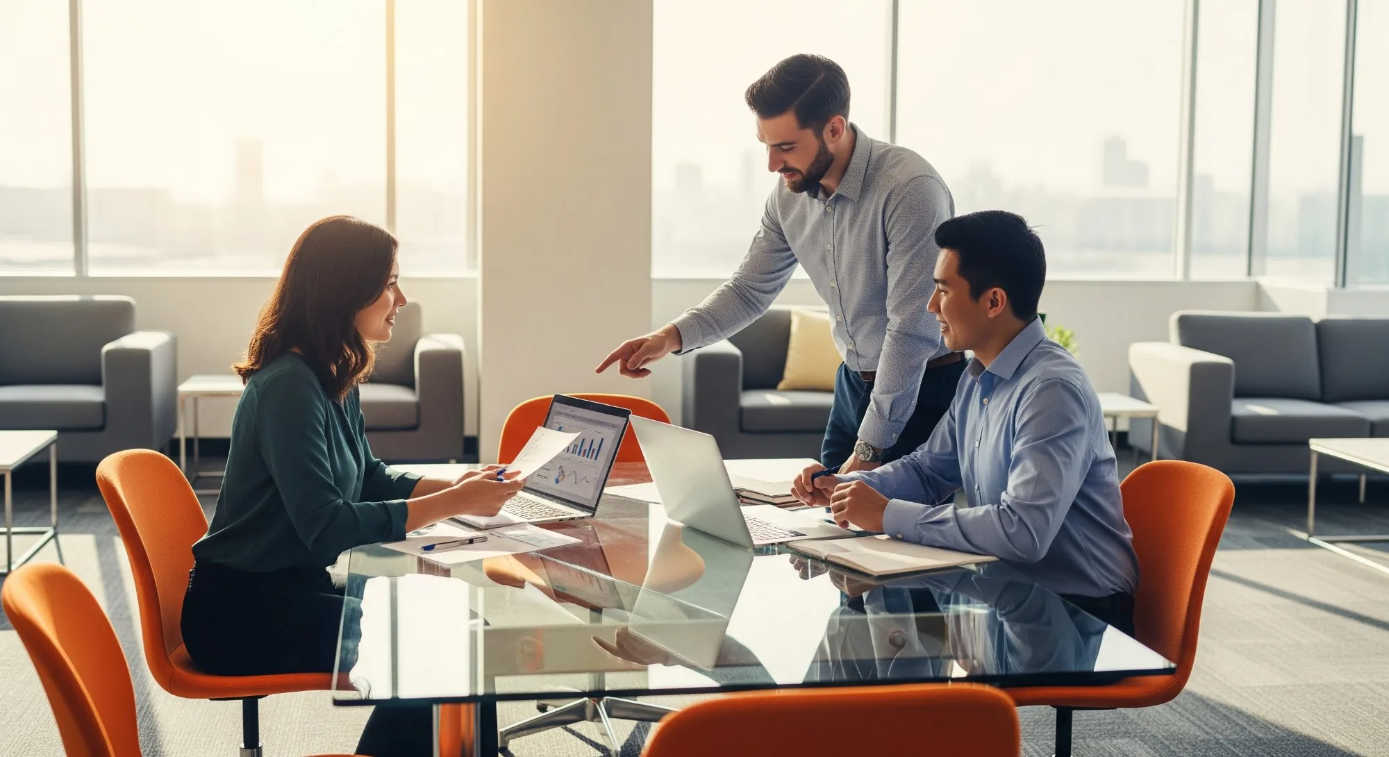 Business team reviewing payroll outsourcing company options at a conference table with laptops