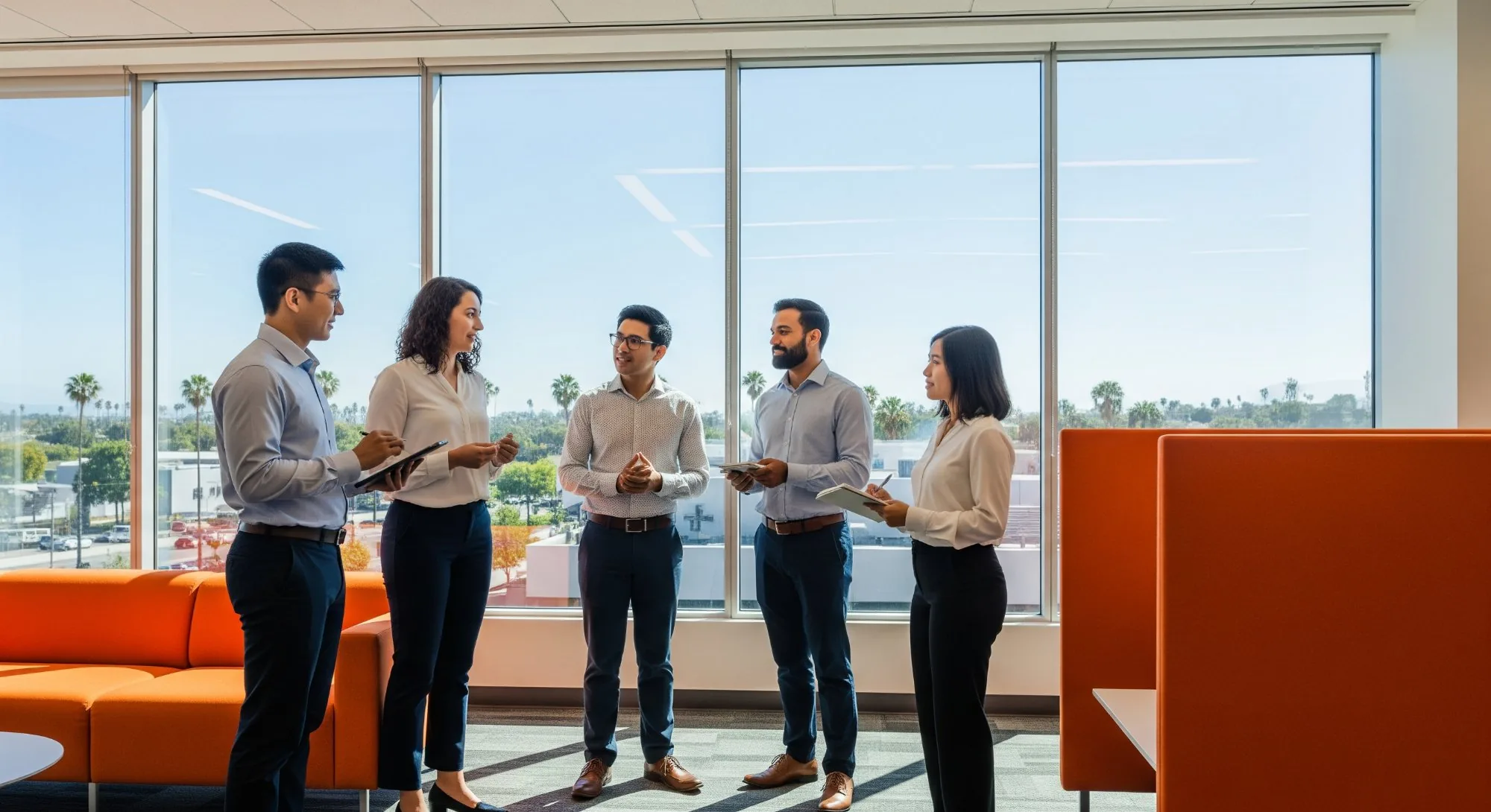 Technology team standup meeting discussing IT staffing and contractor payroll solutions in Southern California