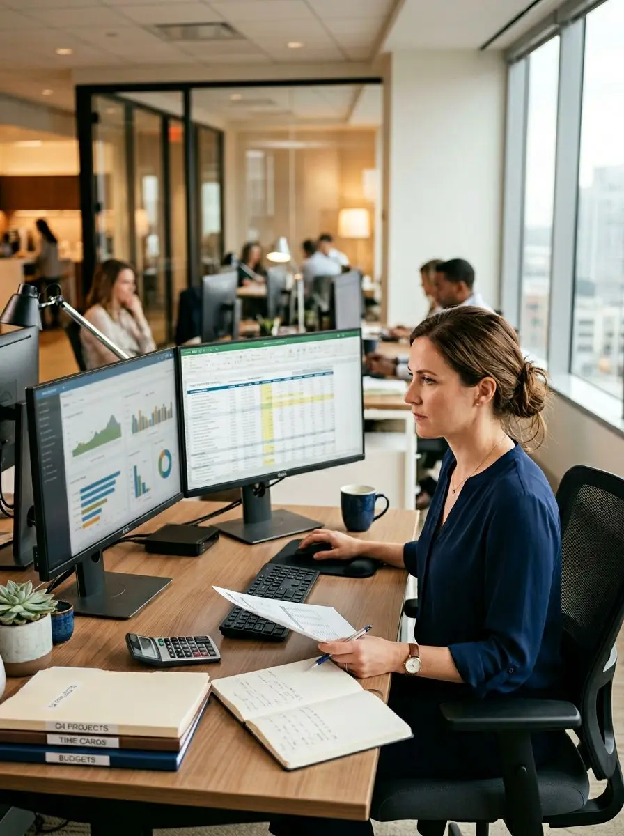 Payroll specialist processing construction workforce payroll with project cost dashboards, KORE1 construction payroll outsourcing