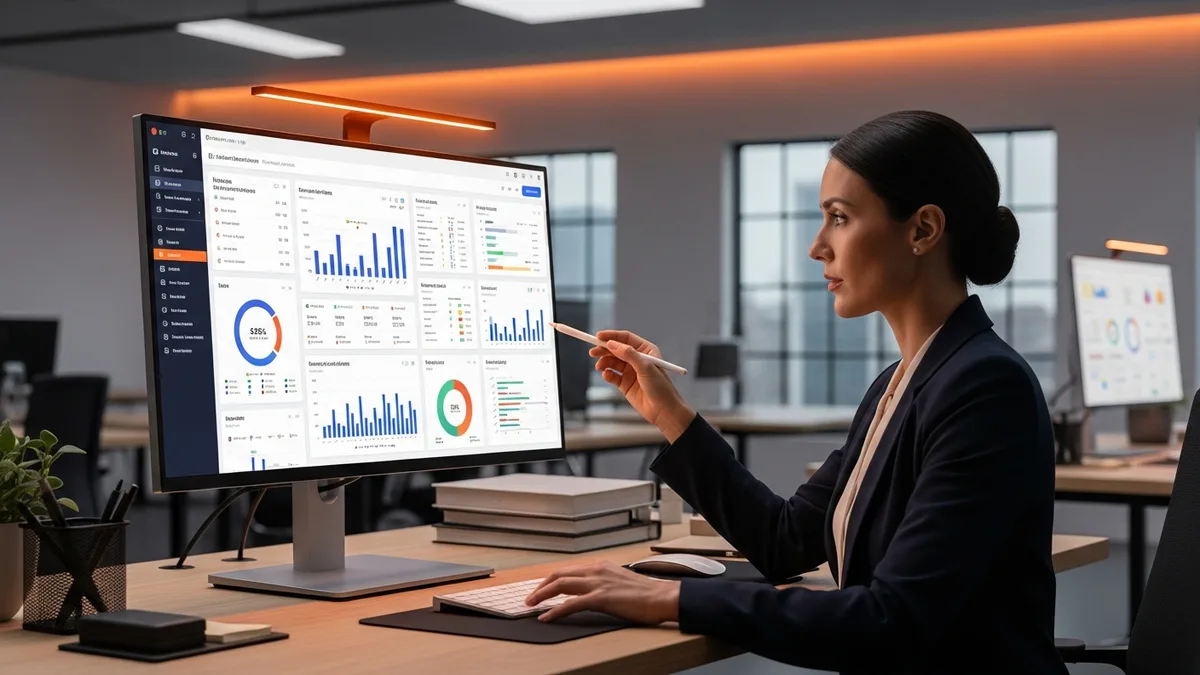 Payroll specialist reviewing restaurant workforce data with tip compliance dashboards, KORE1 restaurant payroll outsourcing